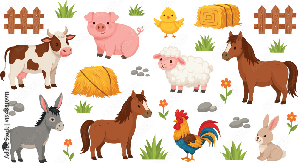 Fototapeta premium Cute Farm Animal Character Set Featuring Cow, Horse, Pig, Sheep, Donkey, Rooster, Chick, and Rabbit with Hay Bales, Fences, and Meadow Grass Elements