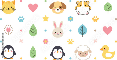 Cute Animal Face Icon Set with Cat, Dog, Hamster, Rabbit, Penguin, Sheep, and Duckling Featuring Paw Prints, Hearts, and Leaves for Childrens Pattern Design