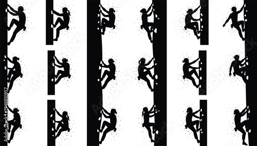 Collection of rock climber silhouettes scaling vertical walls, dynamic climbing poses set, adventure sport mountaineering activity icons isolated on white background extreme fitness concept