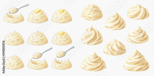 Set of creamy mayonnaise, sauce, or whipped cream dollops with spoons, isolated on transparent background.
