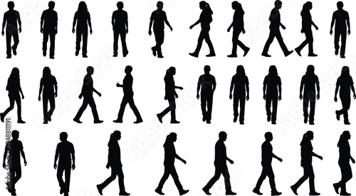 Collection of walking people silhouettes, men and women pedestrian poses set, human movement figures isolated on white background, urban lifestyle crowd concept