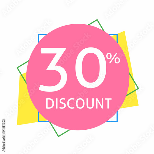 Trendy 30 percent discount badge with colorful geometric background in flat vector style