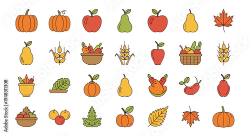 Autumn harvest collection pumpkins apples pears and leaves illustration
