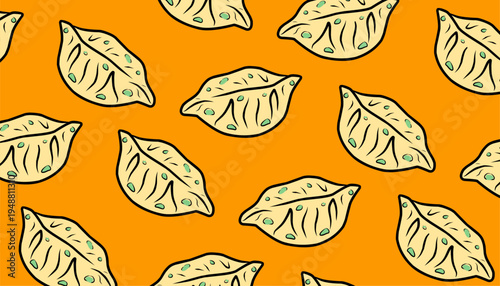 Mandu Seamless Pattern. Korean Dumpling Illustration. Handdrawn Asian Food Doodle. Repeating Streetfood Background. Decorative Packaging Textile Design.