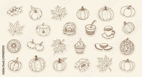 Autumn harvest elements collection pumpkins leaves and food illustrations