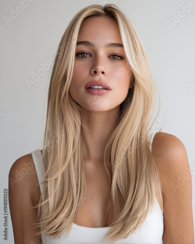 Studio portrait of a young woman with long blonde hair and a serene expression.