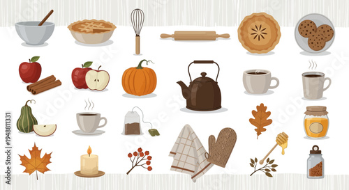 Autumn harvest food and kitchen items illustration for seasonal design