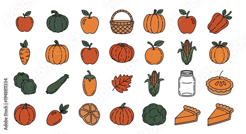 Autumn harvest elements vegetables fruits and symbols illustration