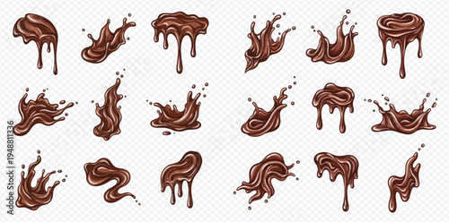 Set of realistic chocolate splashes, drips, and drops on transparent background.