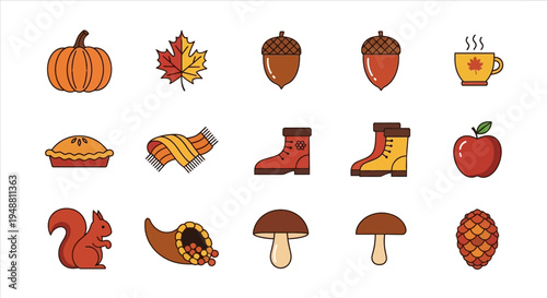 Autumn icons set pumpkin leaf acorn boots apple and seasonal symbols