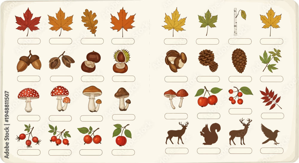 Obraz premium Autumn leaves and nature elements illustrations set for educational content
