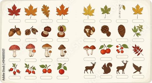 Autumn leaves and nature elements illustrations set for educational content