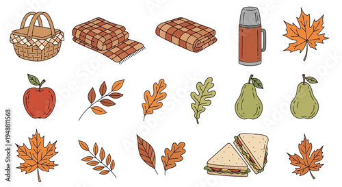 Autumn picnic essentials illustration with basket blanket leaves and food