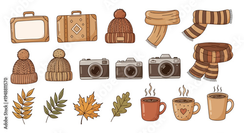 Autumn travel accessories and warm beverages illustration on white background