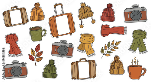 Autumn travel illustrations suitcases beanies scarves cameras leaves