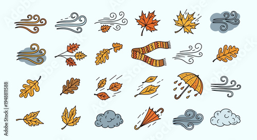 Autumn weather icons collection featuring leaves clouds and wind elements