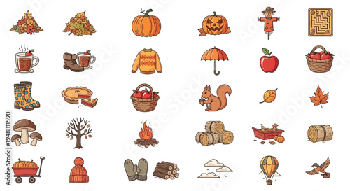 Autumn themed illustration set pumpkins leaves and seasonal elements