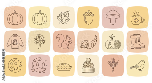 Autumn themed vector icons pumpkin leaf acorn squirrel and more