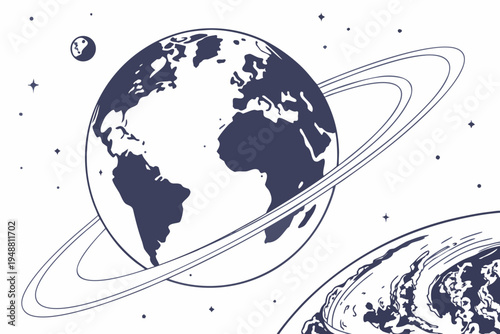 A minimalist vector illustration of the Earth with rings in space