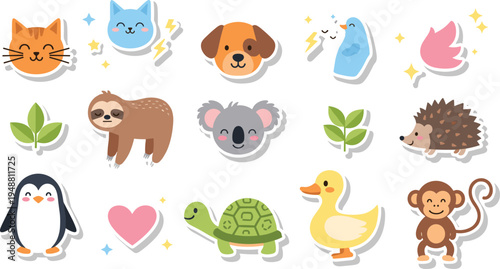 Cute Animal Sticker Bundle with Cat, Dog, Sloth, Koala, Penguin, Turtle, Duck, and Monkey Icons Featuring Hearts and Sparkles for Digital Planning and Crafts