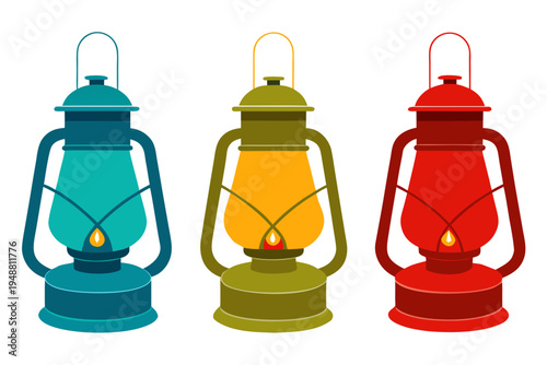 A colorful illustration of three vintage lanterns in different hues on a white background