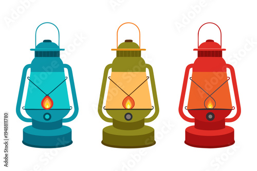 A colorful illustration of three vintage lanterns in different hues on a white background