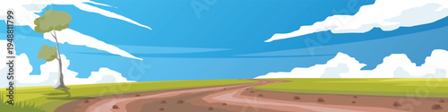 Horizontal or landscape view of winding dirt path amidst vast lush green meadows. Single tree towering majestically in the open space. Under clear sky and white clouds. for banner background.