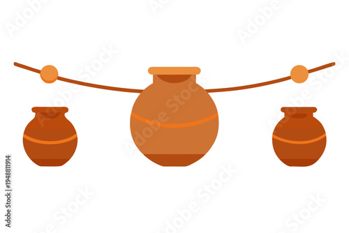 A minimalist vector graphic of three clay pots suspended from a rope