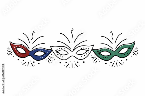 A colorful illustration of three masquerade masks with festive designs and confetti