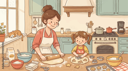A mother and her little daughter enjoying a happy moment together in the kitchen on Mother's Day