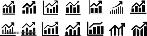 Business growth chart icons, upward trend silhouettes, financial success artwork, economic progress design, data analysis illustration, startup performance symbols, bar chart collection