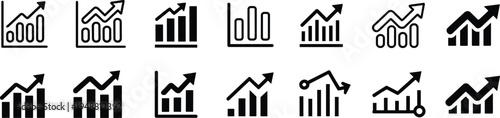 Business growth chart icons, upward trend silhouettes, financial success artwork, economic progress illustration, data visualization design, startup performance symbols, bar and line graph collection