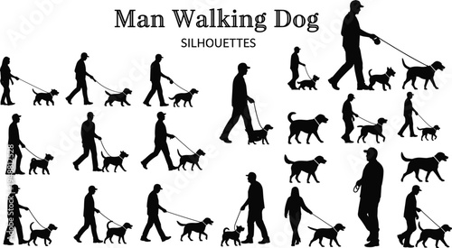 Man walking dog silhouettes collection with pet leash walking poses, dog owner outdoor activity set isolated on white background lifestyle companionship concept