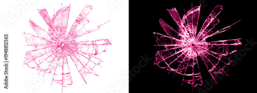 Pink broken glass shards with radial impact cracks on png background