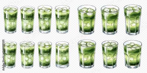 Set of refreshing iced matcha latte drinks in glasses with ice cubes, hand drawn watercolor illustration.