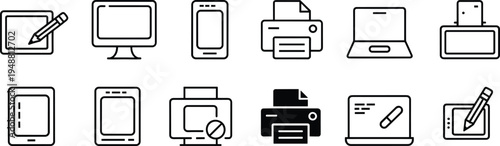 Electronic devices icon set, technology and hardware artwork illustration, computer and smartphone design inspiration, digital symbols collection