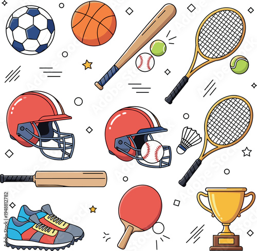 Sports Equipment Collection with Soccer Ball Basketball Tennis Racket Baseball Bat Helmet Table Tennis Paddle Trophy and Athletic Gear Icons