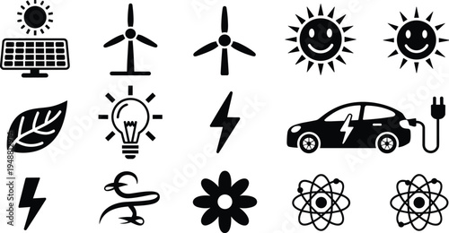 Renewable energy icons, sustainability silhouettes, eco-friendly technology artwork, clean energy design, solar and wind power symbols, environmental science illustration collection