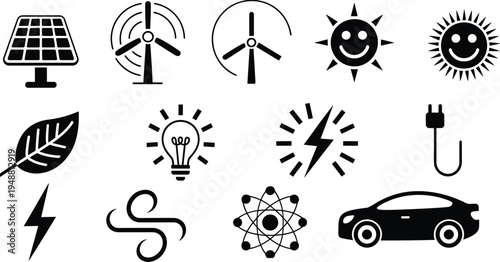 Renewable energy icons, eco-friendly silhouettes, sustainability artwork, clean technology design, solar and wind power symbols, environmental science illustration collection