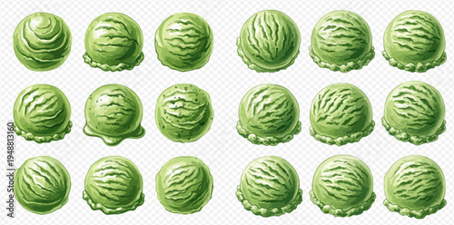 Set of green ice cream scoops with various textures and shapes, isolated on transparent background.