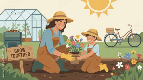 Happy family mom and child planting flowers together in garden on mothers day