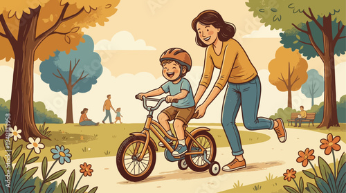 A mother helps her child ride a bike on a sunny day in the park with love and care.