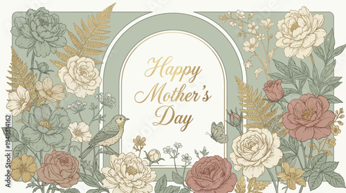 A mother and her child celebrate Happy Mother's Day with love and affection in a beautiful floral setting.