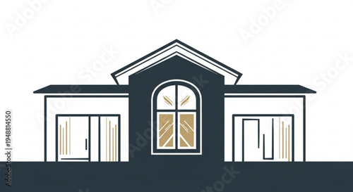 Modern house facade with dark blue and white color scheme and large arched window