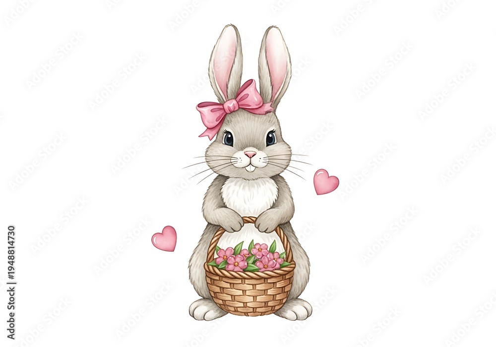 Fototapeta premium Cute bunny with pink bow holding flower basket, Easter illustration