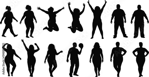 Plus size men and women silhouettes collection with standing, walking, jumping and dancing poses, body diversity people set isolated on white background