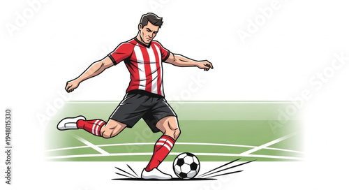 Soccer Player Kicking Ball on Field Illustration.
