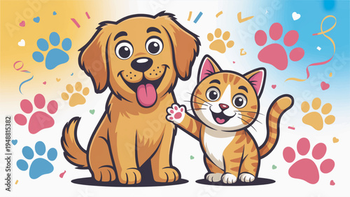 Friendly dog and cat sitting together surrounded by colorful paw prints and confetti