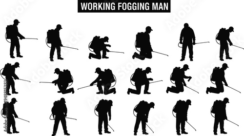 Working fogging man silhouettes collection with pest control sprayer poses, sanitation worker disinfecting area set isolated on white background public health service concept