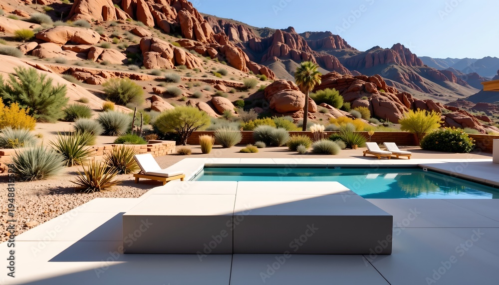 Fototapeta premium The image features a modern outdoor swimming pool situated in a desert landscape with reddish rock formations and rugged mountains in the background